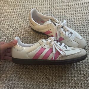 adidas White Sneakers with Pink Stripes